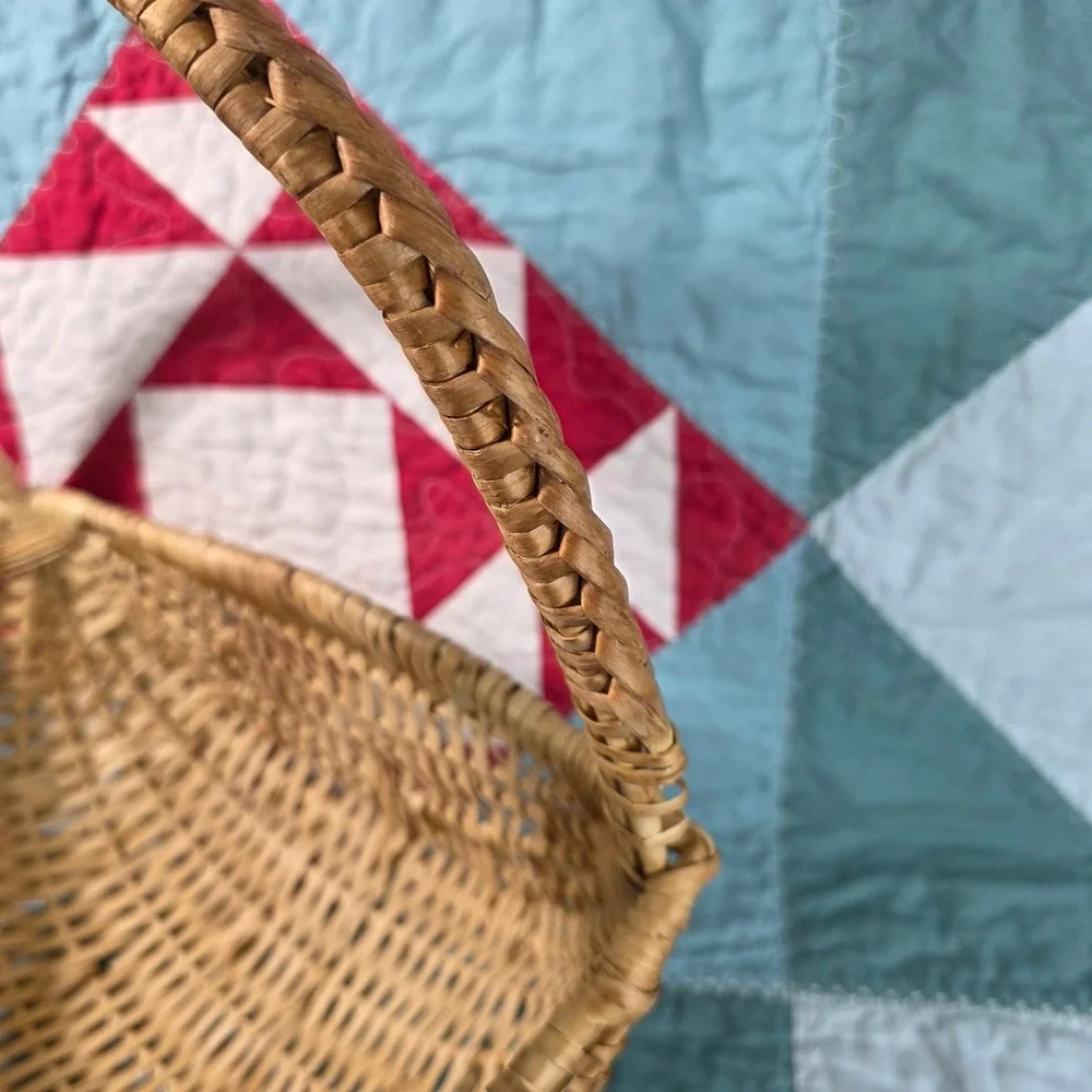 Wicker Gathering Basket Tan Woven Handle Half Basket Farmhouse Cottagecore Decor